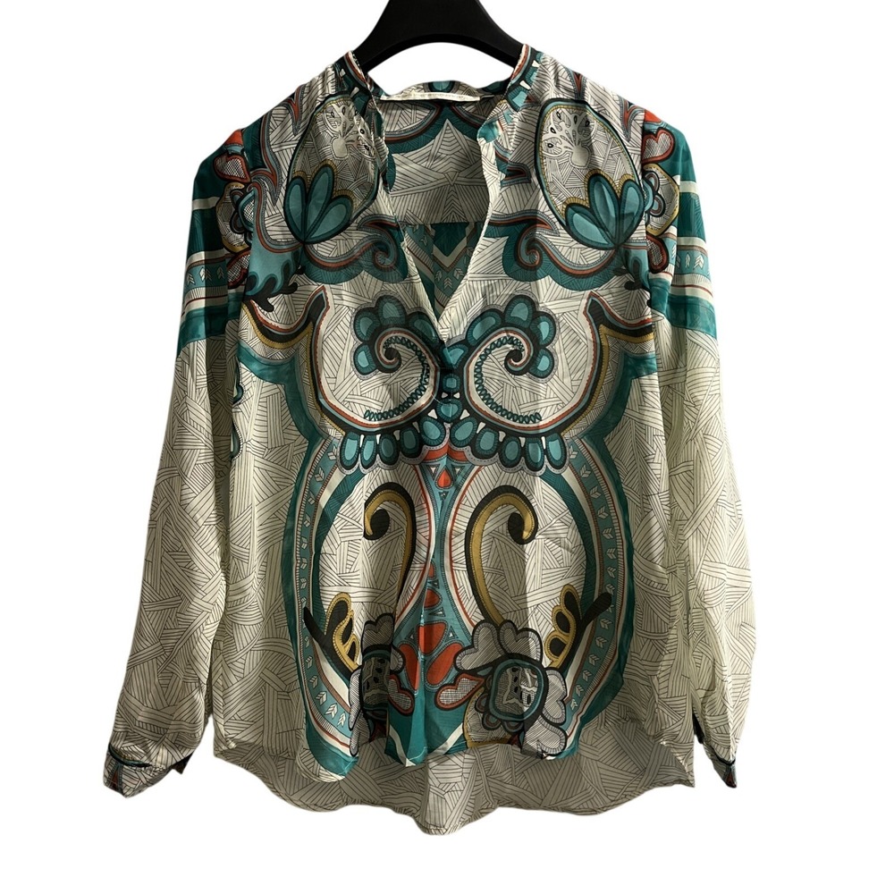 Twelfth Street by Cynthia Vincent Top Sheer Satin Mixed Artsy Print Tunic Size S